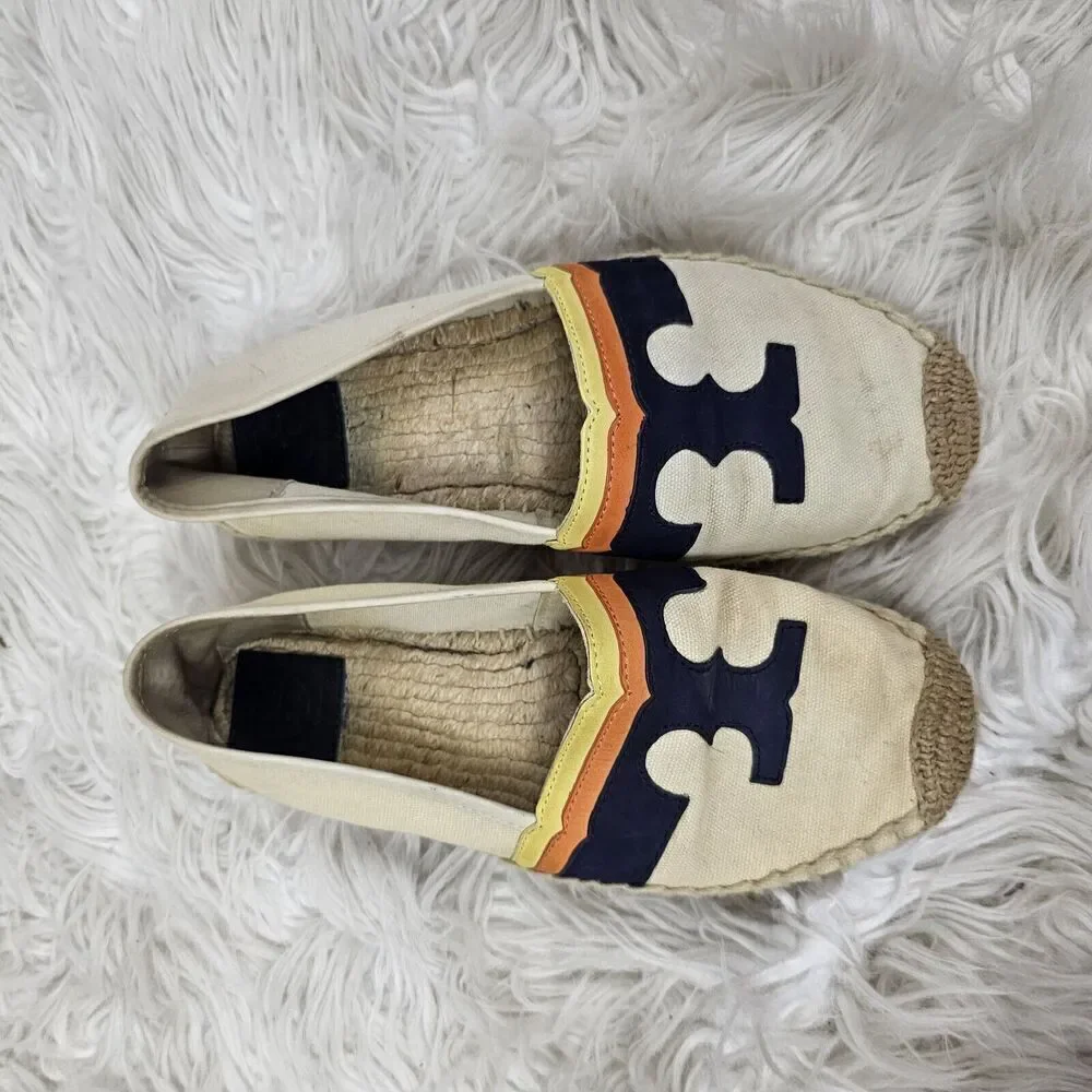 Tory Burch Laguna Palm Espadrilles Flats Shoes Women’s Cream Navy Canvas Logo 7